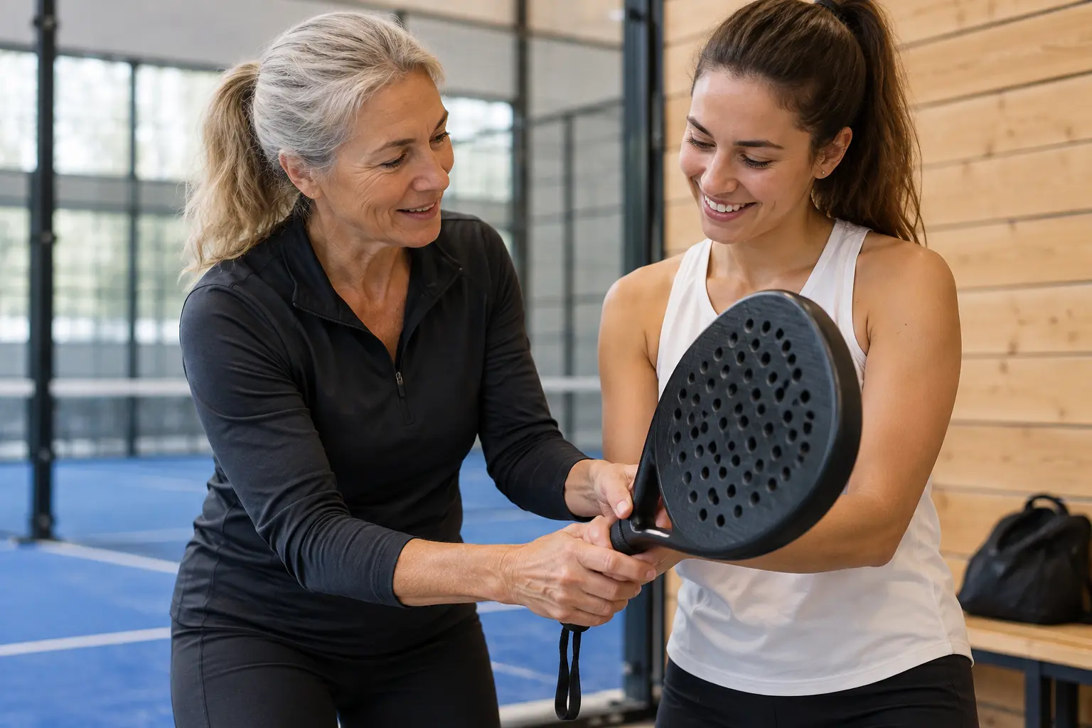 A coach welcoming a beginner to padel · AI-generated illustrative imagery